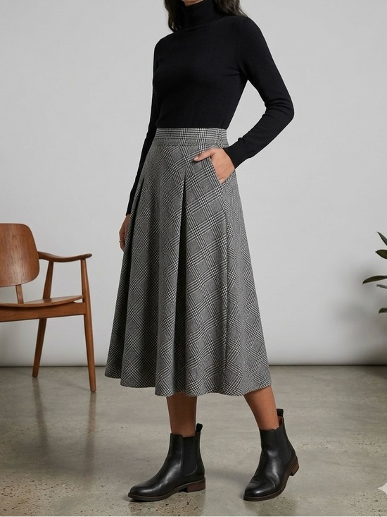 HALARA Dresses & Skirts - HALARA Black & Grey Plaid Pleated Midi Skirt